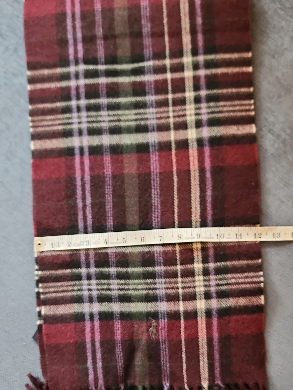 Polo by Ralph Lauren Burgundy, Green & Purple Plaid Wool Fringe Scarf